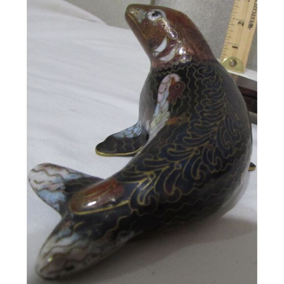 Vintage Cloisonne Chinese Marine Seal Sea Lion Figurine wood stand Marine life - Picture 4 of 8